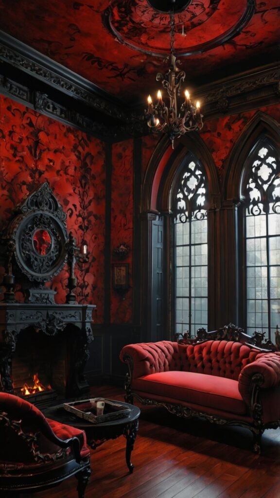 Dramatic Lighting with Chandelier FocusLighting is a crucial element of any Gothic living room. 