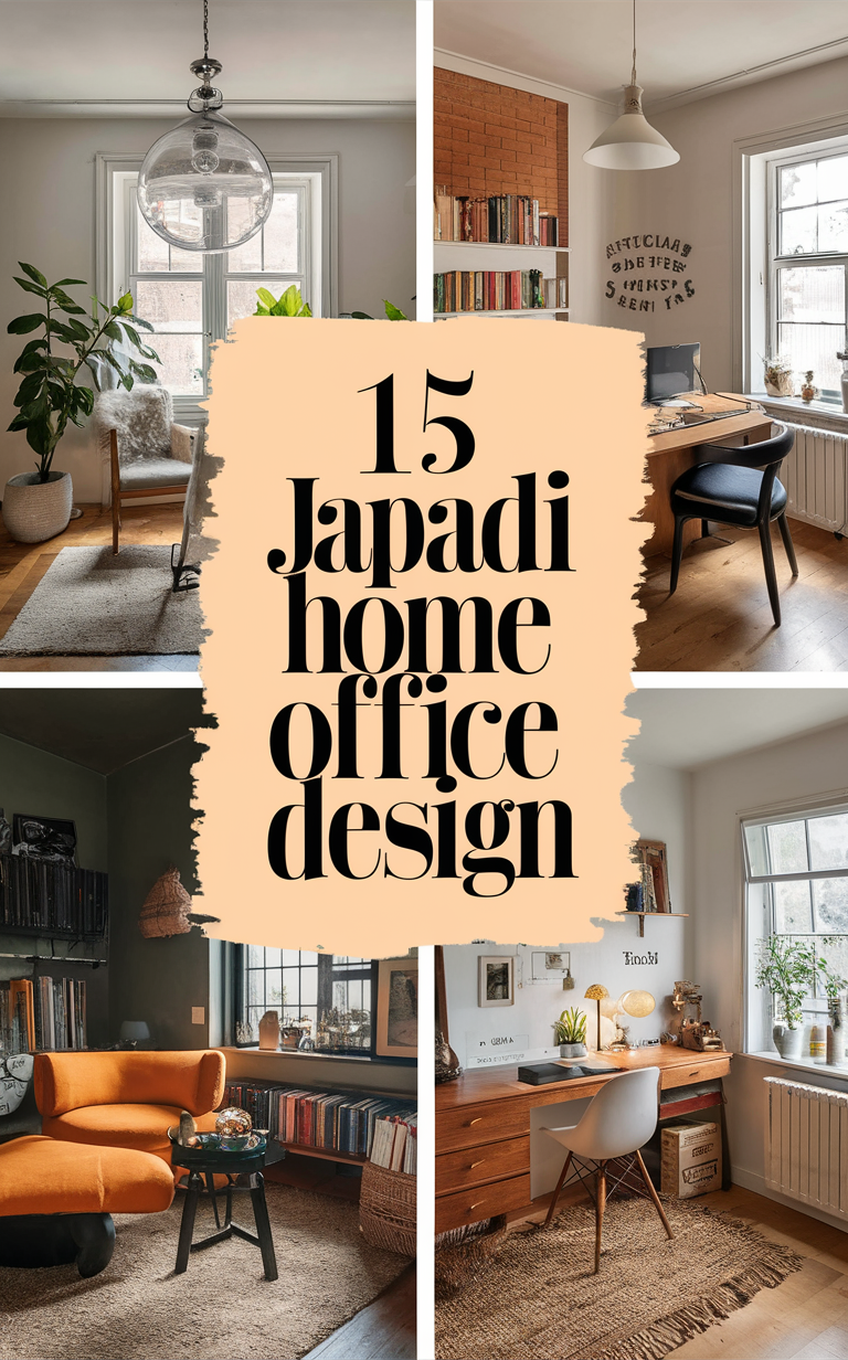 Japandi home decor, Scandinavian office design, minimalist workspace, modern Japanese furniture, serene home office