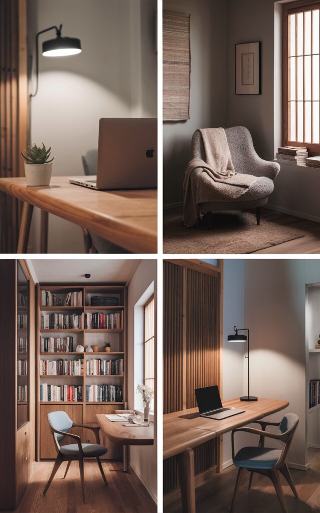 Japandi home decor, Scandinavian office design, minimalist workspace, modern Japanese furniture, serene home office