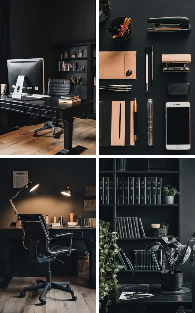 Dark Office Decor, Office Black Wallpaper, Stylish Black Office Furniture, Elegant Black Office Accessories, Trendy Black Office Design