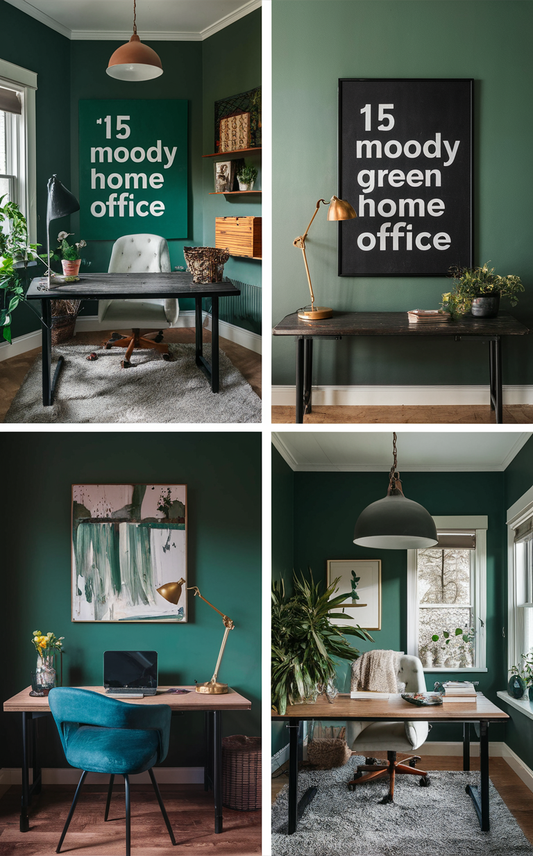 Green home office design, Home office decor ideas, Green office furniture, Home office plants, Office workspace inspiration