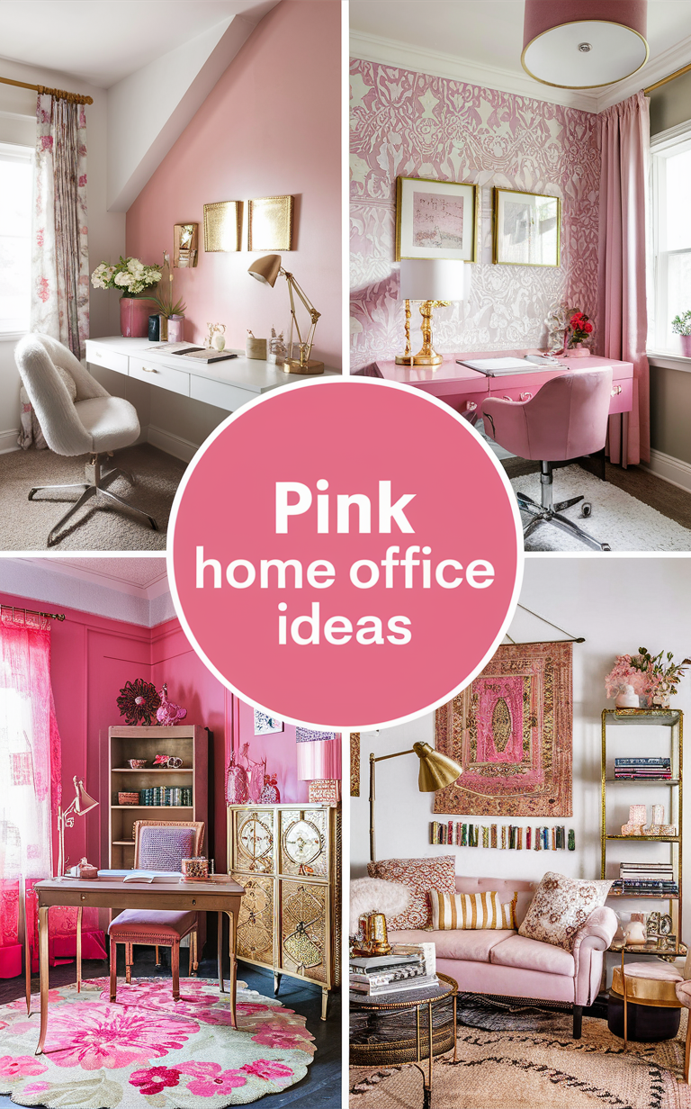 pink home office decor, pink office furniture, feminine office design, blush pink office accessories, stylish pink home office