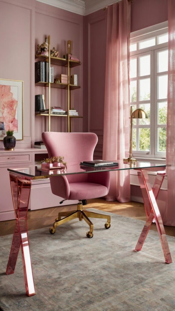 Stunning Pink Remodel, Girly Workspace Ideas, Feminine Office Design, Blush Style