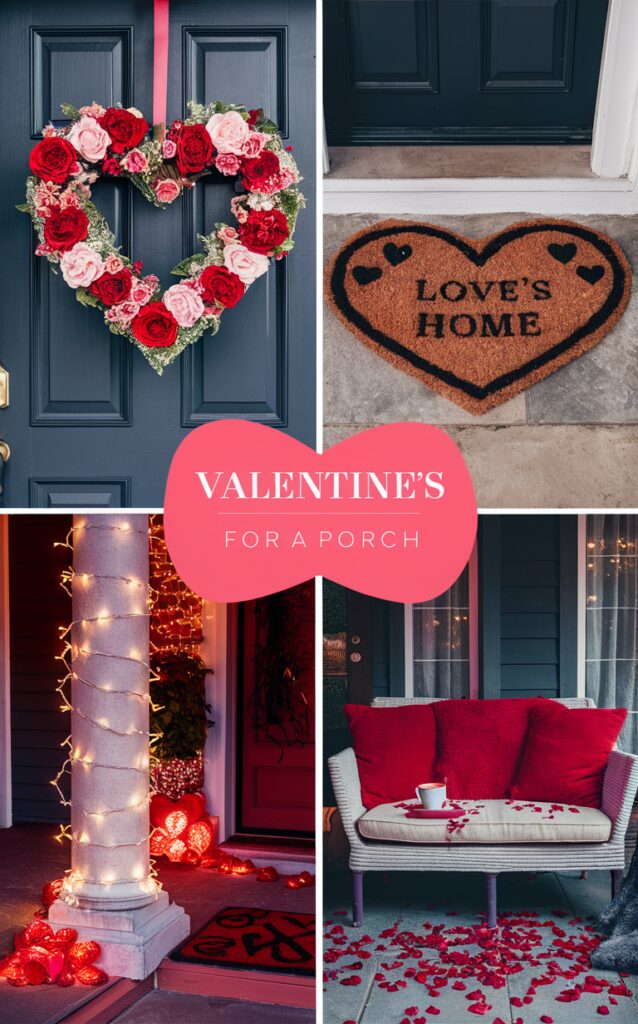 Valentines porch decorations, Valentines outdoor decor, Front porch Valentines decorations, Valentines porch ideas, Romantic porch decorations