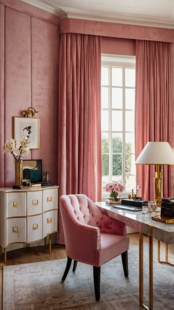 Stunning Pink Remodel, Girly Workspace Ideas, Feminine Office Design, Blush Style