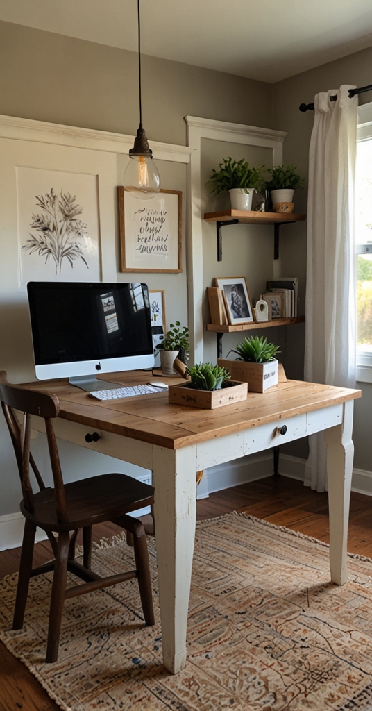 Cozy farmhouse office decor, Farmhouse office design, Farmhouse style home office, Rustic home office ideas, Vintage farmhouse office