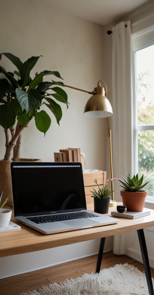 Styled home office, Minimalist decor, Scandinavian design, Productive workspace, Office organization