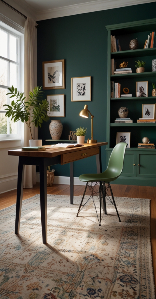 Navy Blue Desk, Sage Green Office Chair, Home Office Decor, Green Office Furniture, Navy Blue Office Accessories