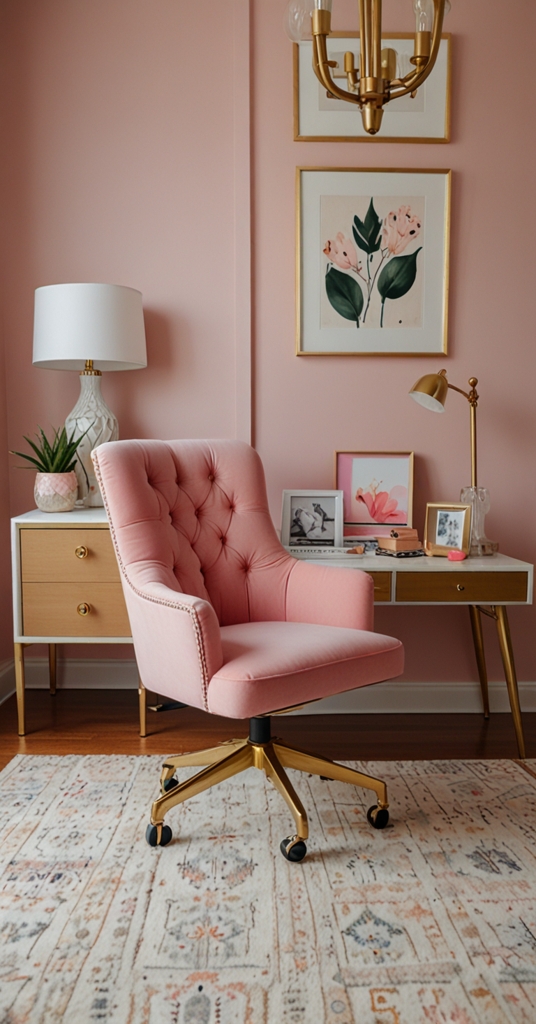 Stylish home office design, Feminine office decor, Pink office furniture, Productive workspace design, Chic home office setup