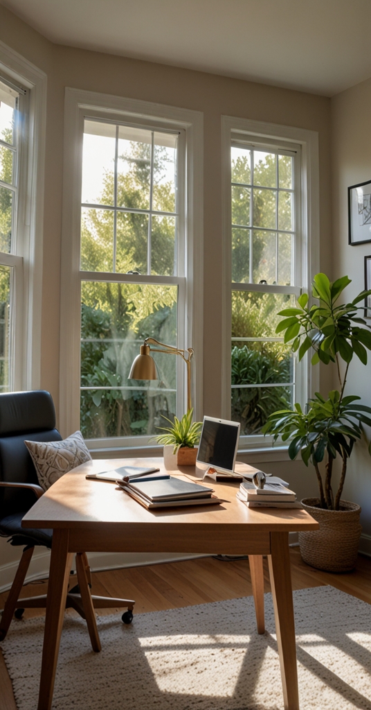 home office design, natural light workspace, large window renovation, home office transformation, light-filled work environment