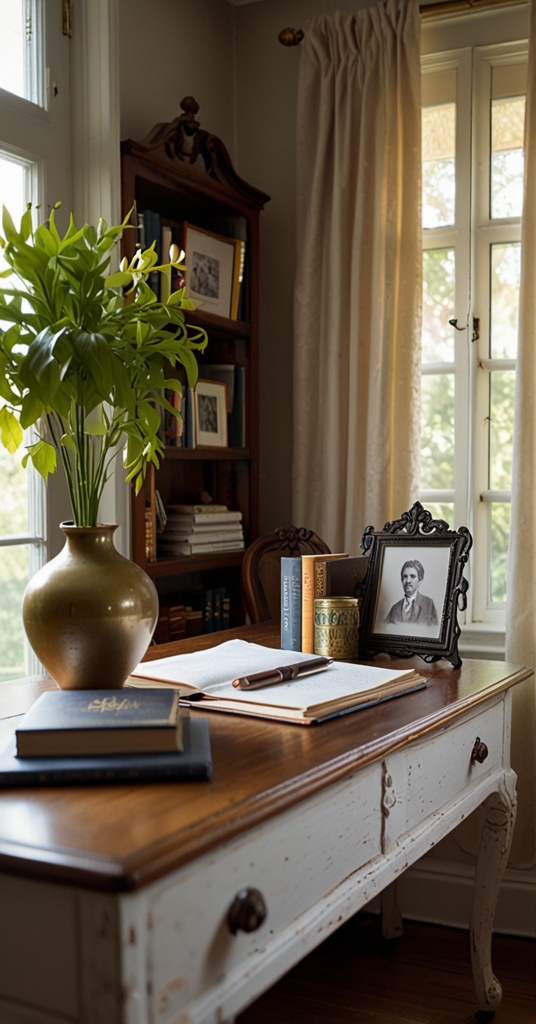 Victorian home decor, Antique furniture, Vintage home office design, Elegant office workspace, Classic office interior.