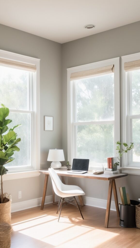 Agreeable Gray paint, home office design, calming office colors, office productivity tips, interior design ideas