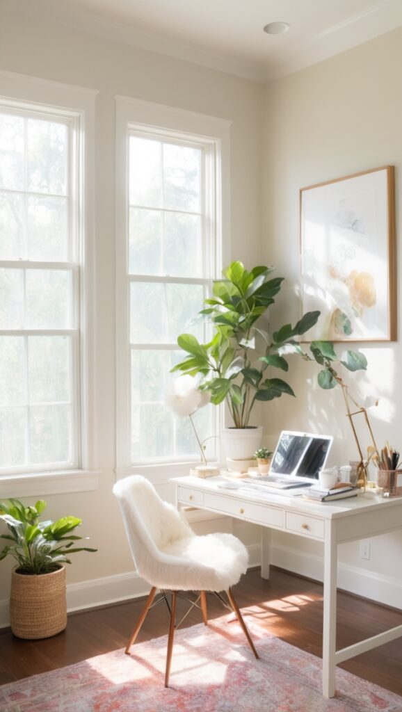 Alabaster white paint, Home office makeover, Interior design, Neutral color scheme, Warm and airy aesthetic