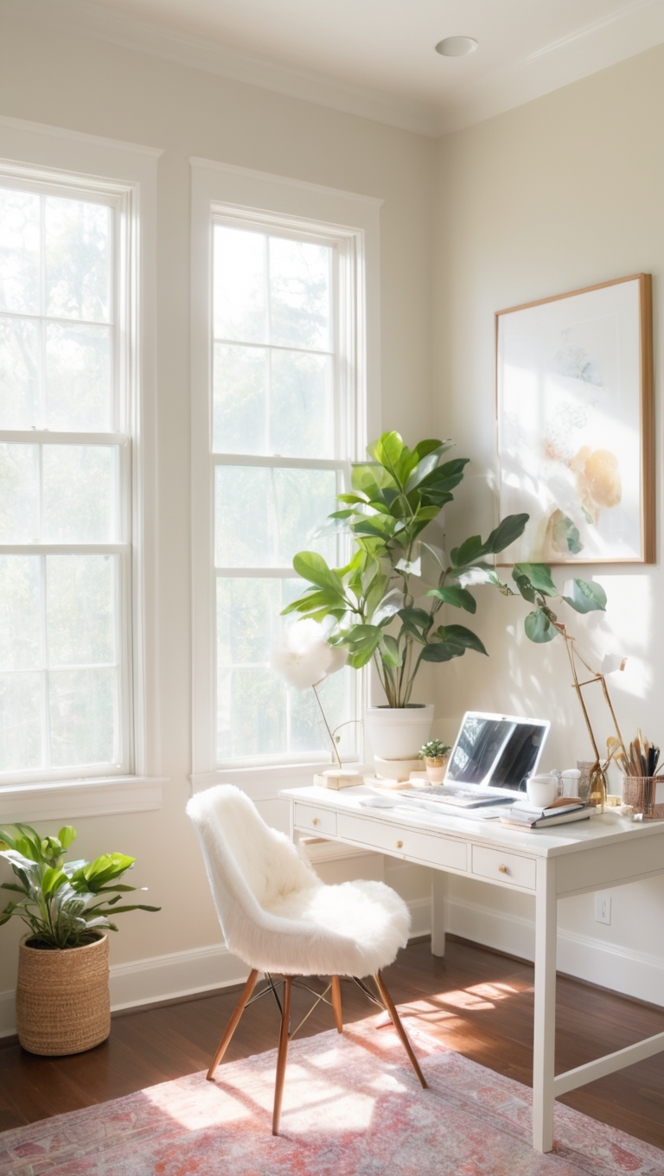 Alabaster white paint, Home office makeover, Interior design, Neutral color scheme, Warm and airy aesthetic
