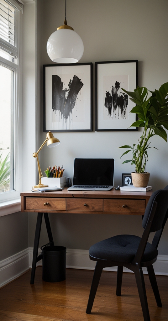 black desk styling, home office decor, interior design inspiration, desk organization, workspace makeover