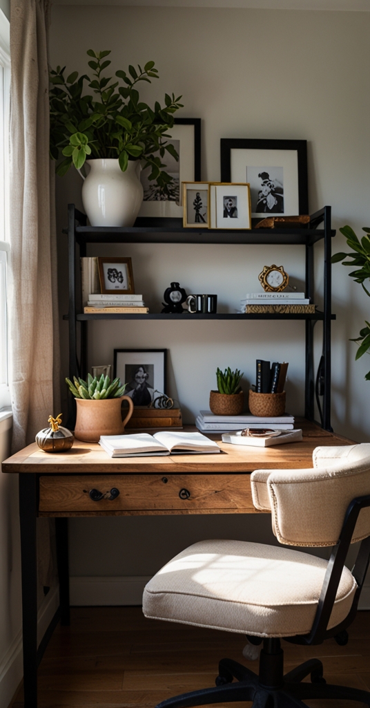 style black iron desk, home office decor, inspire focus, interior design, minimalist workspace