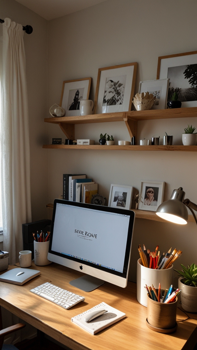 cream desk, home office setup, warm tones, sleek design, paint furniture