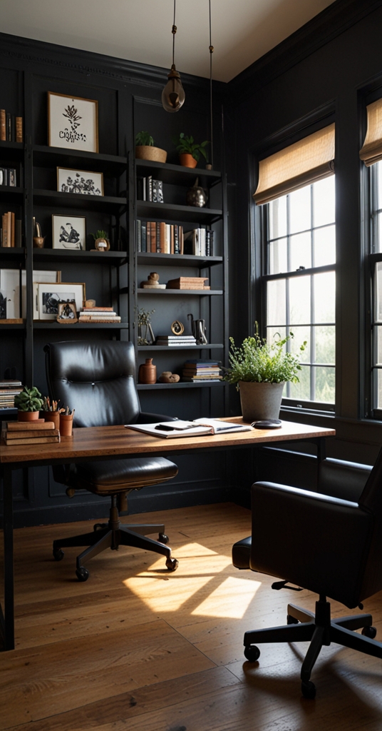 Home office design, Industrial chic decor, Rustic home office, Cozy workspace, Modern farmhouse office