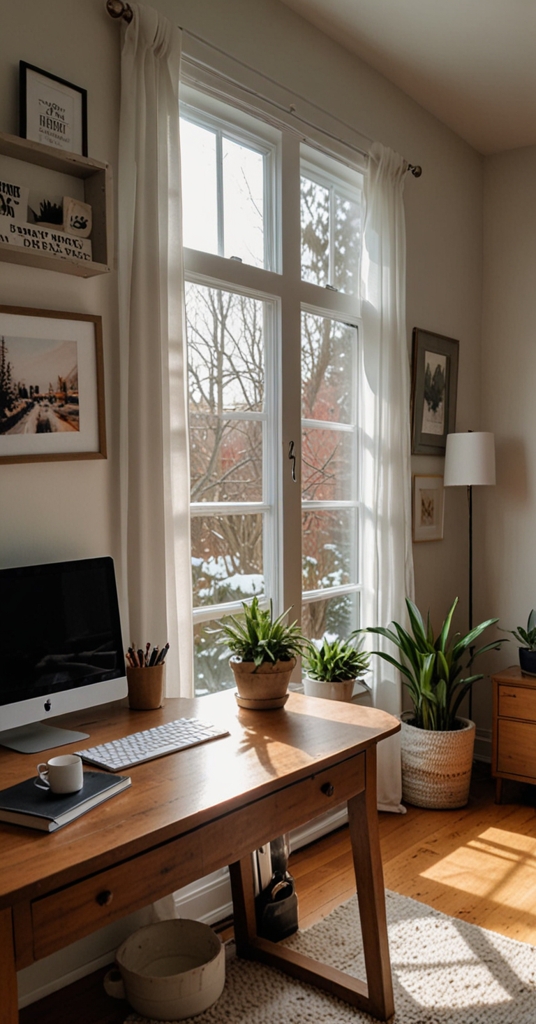 cozy home office decor, warm office lighting, winter home office atmosphere, comfortable work space, inviting office workspace