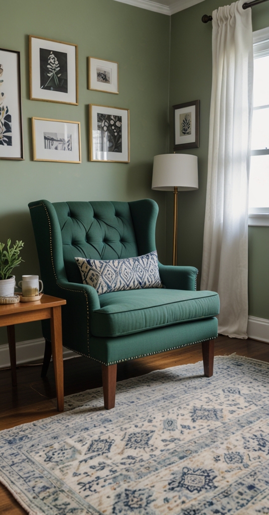 sage green decor, navy home office, guest room design, creative home office, interior decorating