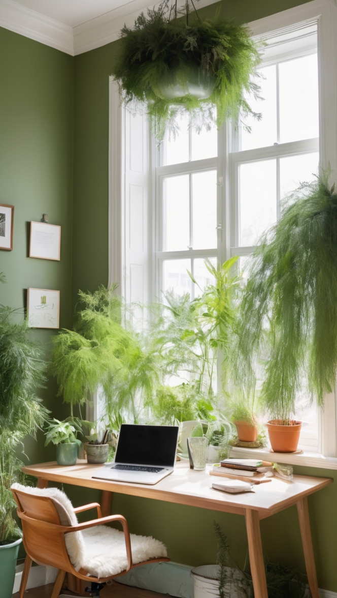 Botanical wallpaper, Green office decor, Dill green paint, Botanical office design, Nature-inspired workspace