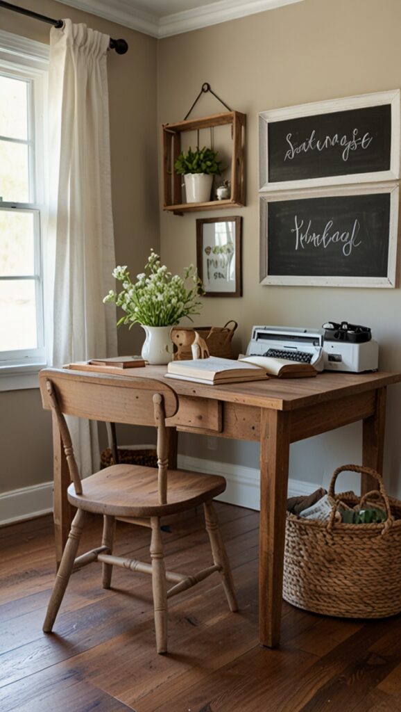 Farmhouse decor, Rustic furniture, Cozy office design, Country chic, Vintage accessories