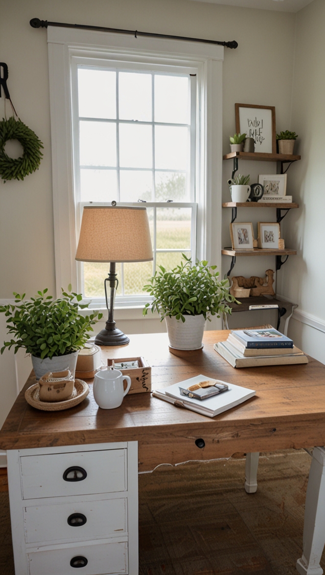 Farmhouse decor, Home office design, Budget-friendly furniture, Stylish office accessories, Farmhouse-inspired workspace