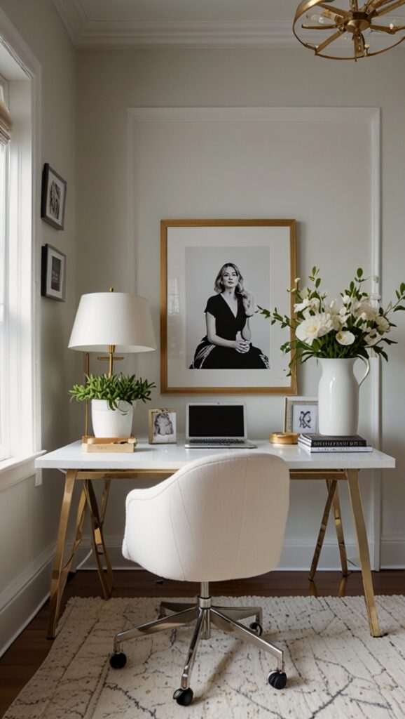 white home office design, home office decor ideas, warm home office design, cozy office space, elegant office decor
