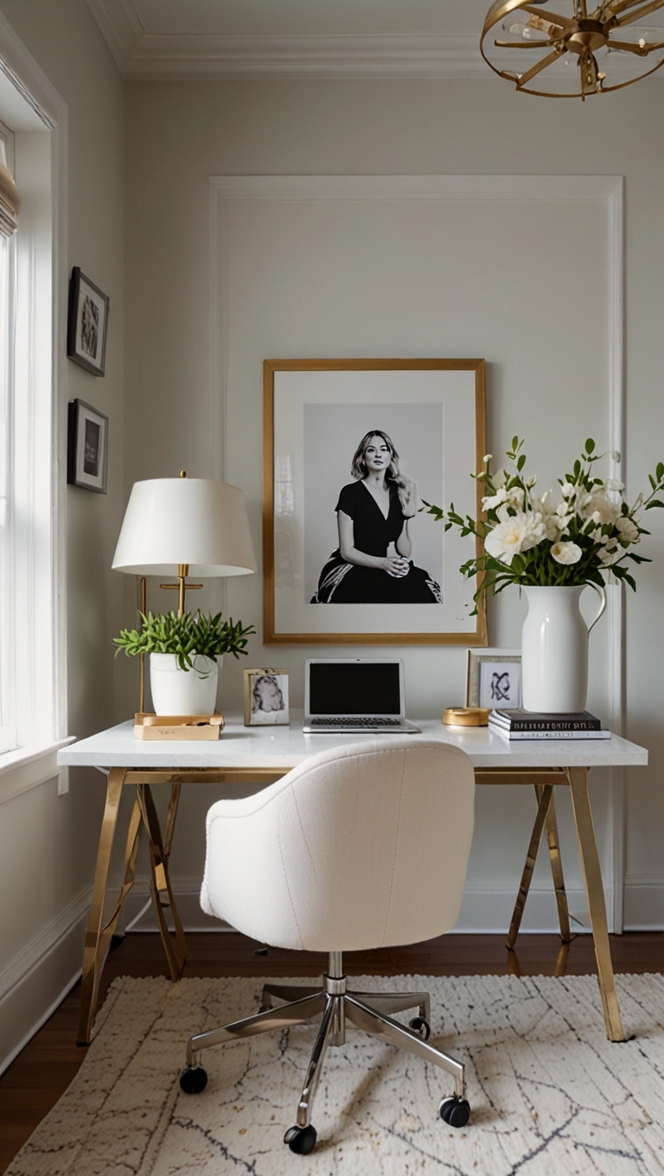 white home office design, home office decor ideas, warm home office design, cozy office space, elegant office decor