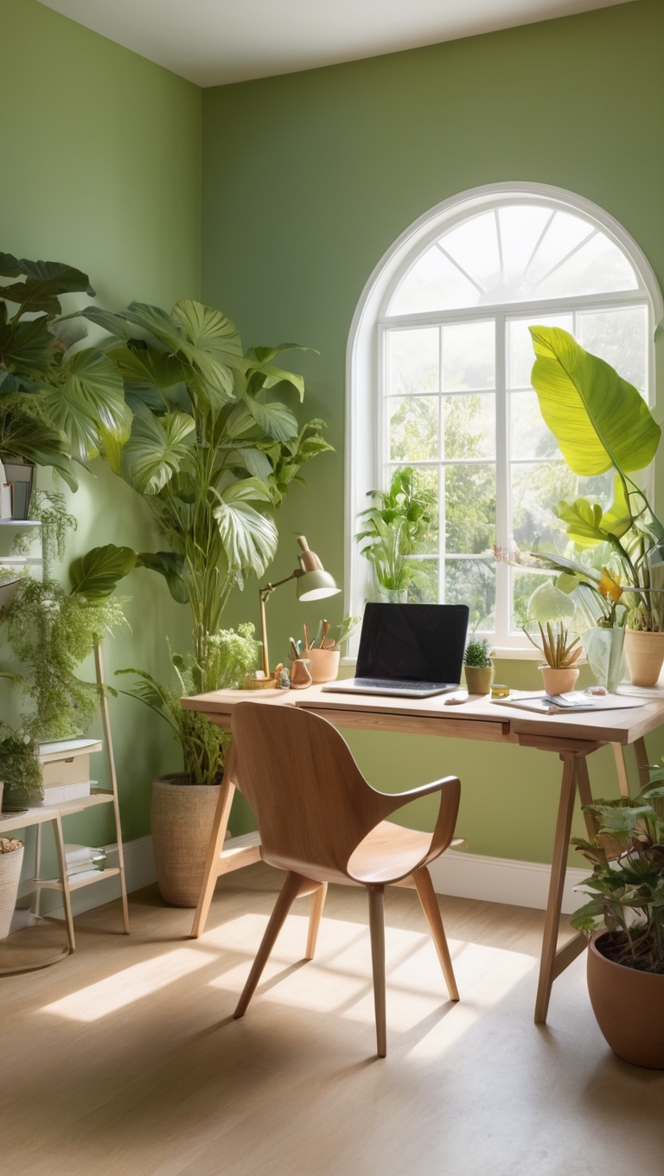 Garden-inspired office design, Greenfield paint, Office paint ideas, Interior paint inspiration, Garden-themed office decor