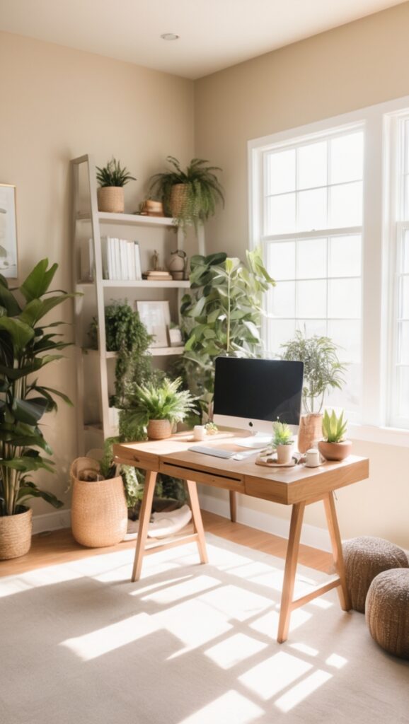 office decor, home office design, cozy workspace, earthy office decor, interior design trends