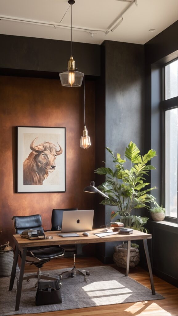 Masculine office decor, Cozy workspace ideas, Iron Mountain paint color, Office design inspiration, Industrial office theme