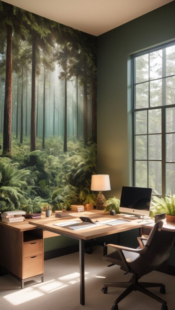 Forest-inspired office, Isle of Pines, Office decor, Natural office design, Green workspace