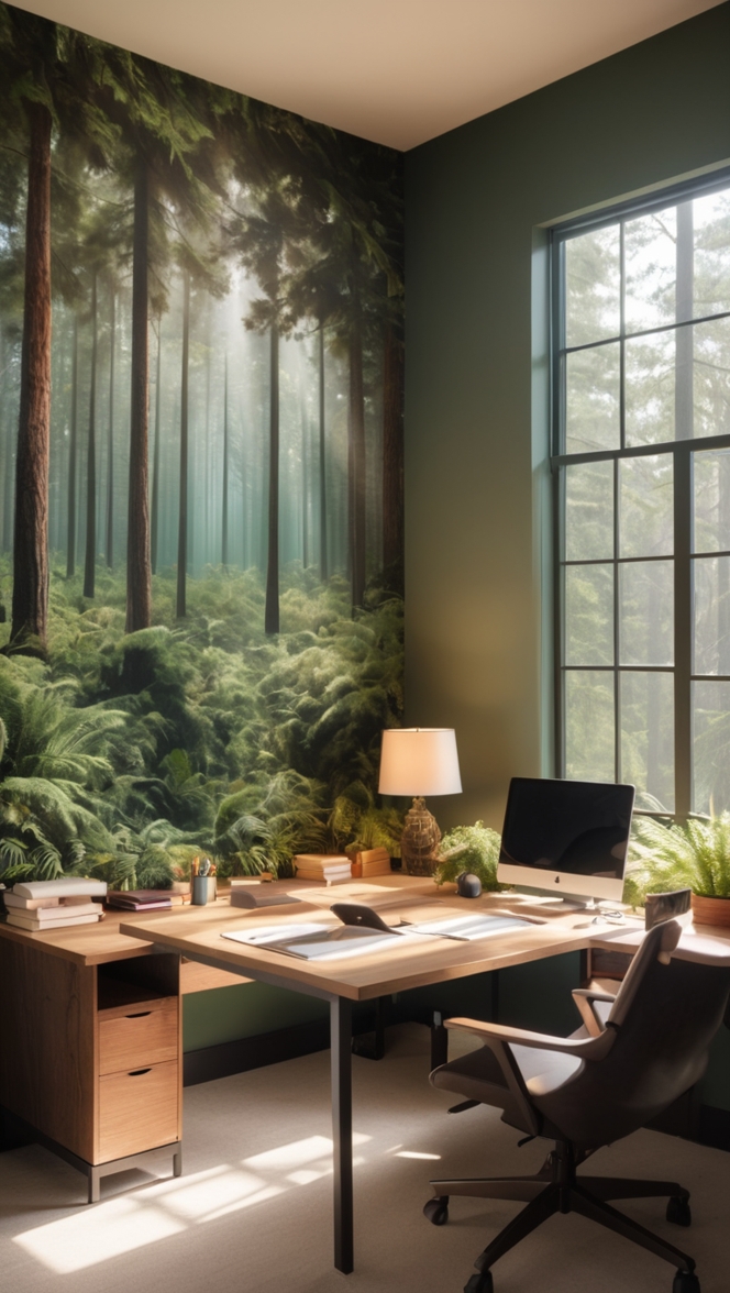 Forest-inspired office, Isle of Pines, Office decor, Natural office design, Green workspace