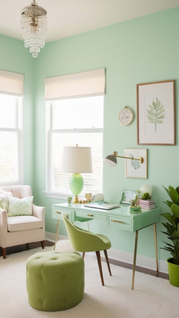 retro office decor, vintage green office, jadite green decor, mid-century office design, nostalgic workspace