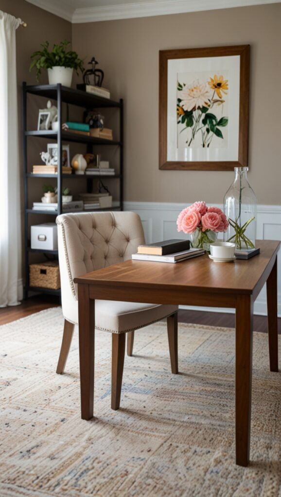 blended style office, modern feminine decor, chic home workspace, stylish office design, contemporary workspace inspiration