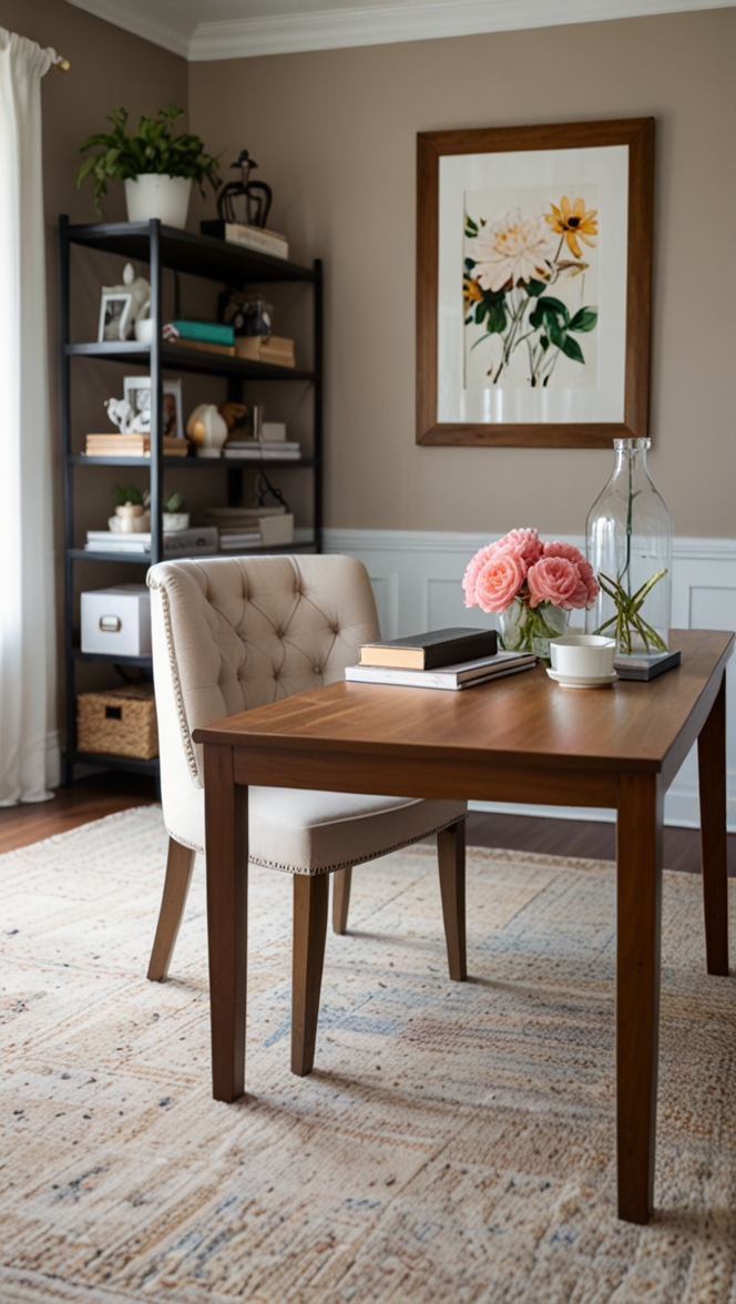 blended style office, modern feminine decor, chic home workspace, stylish office design, contemporary workspace inspiration