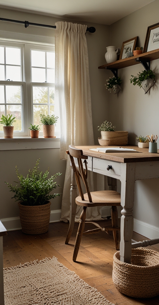 Farmhouse office design, Natural linen decor, Home office renovation, Rustic office furniture, Sustainable home decor