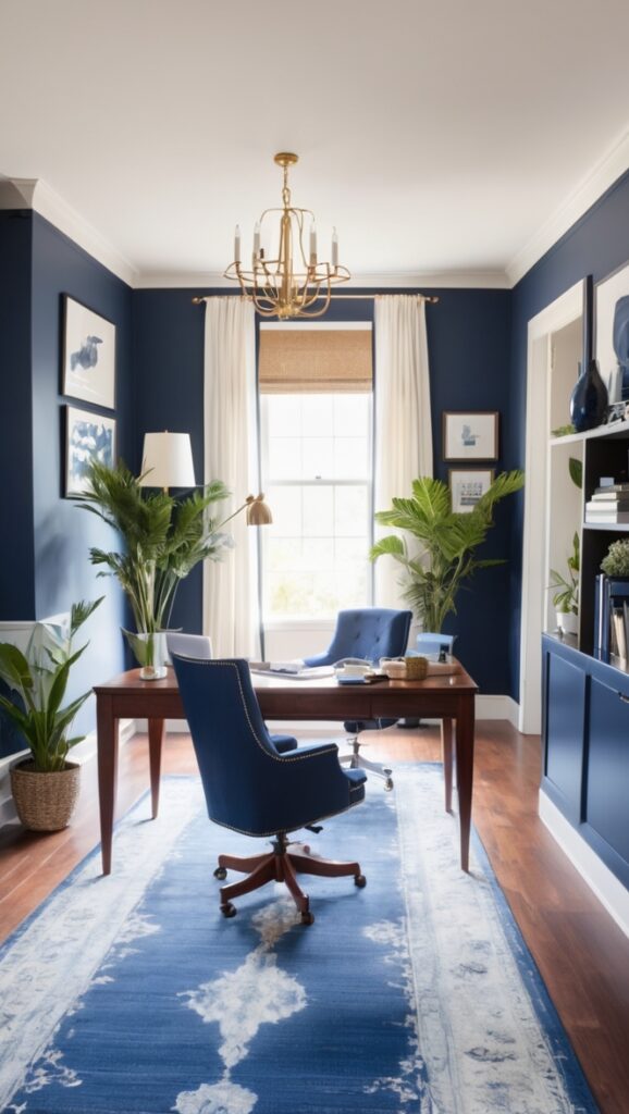 Navy Blue Home Office, Bold Office Decor, Sophisticated Home Office Design, Navy Blue Office Furniture, Elegant Home Office Ideas