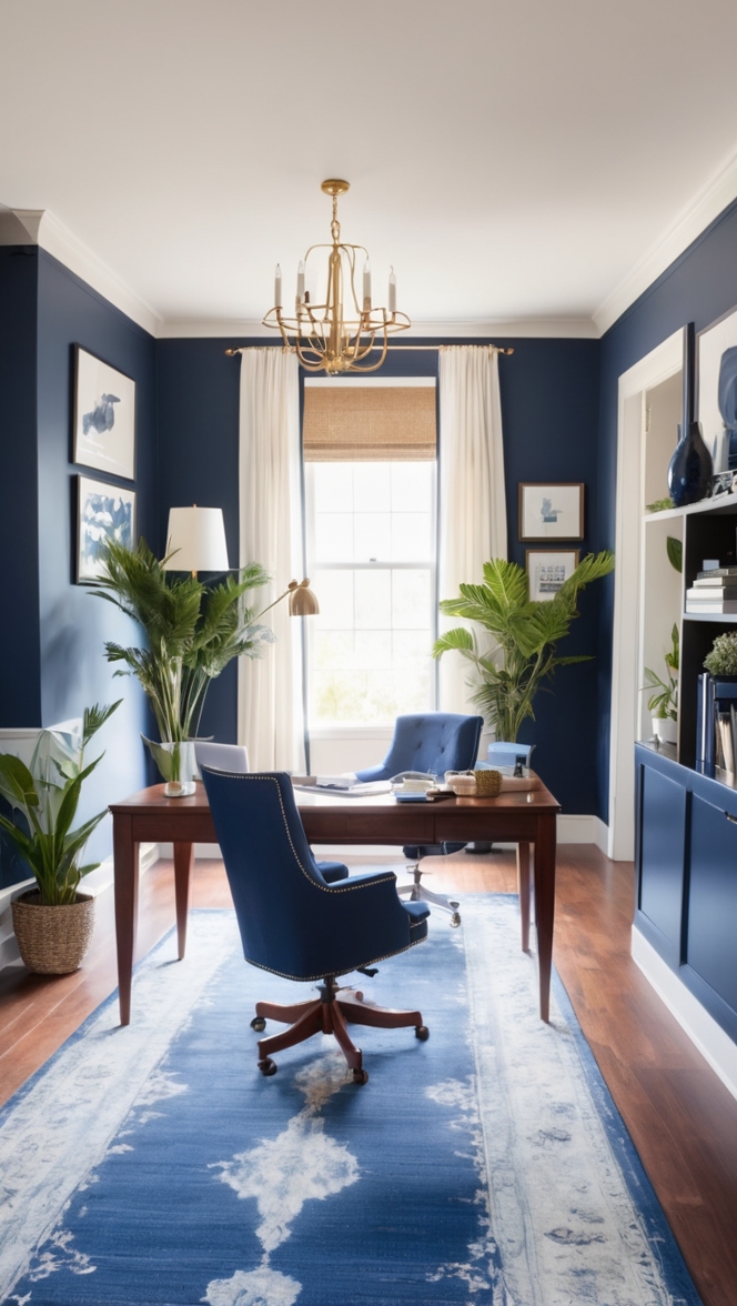 Navy Blue Home Office, Bold Office Decor, Sophisticated Home Office Design, Navy Blue Office Furniture, Elegant Home Office Ideas