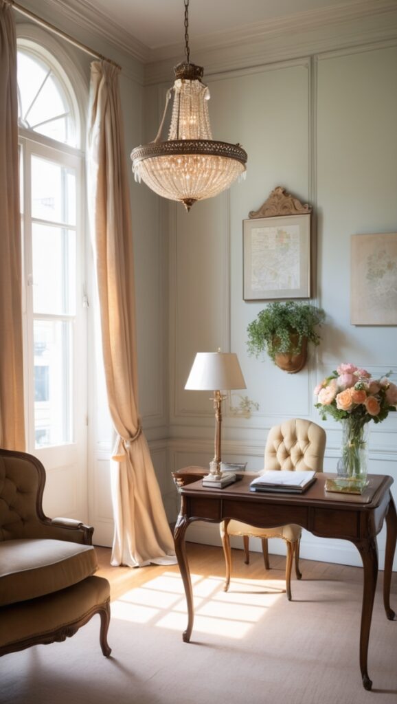 french country decor,parisian chic,light and elegant decor,luxury office design,french provincial style
