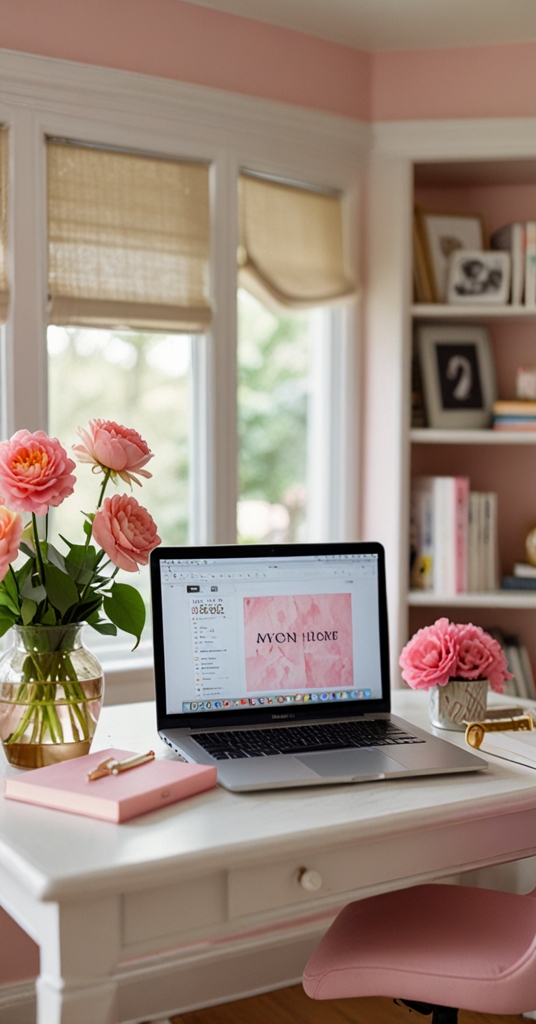 home office decor, feminine workspace, pink office, stylish office design, chic work space