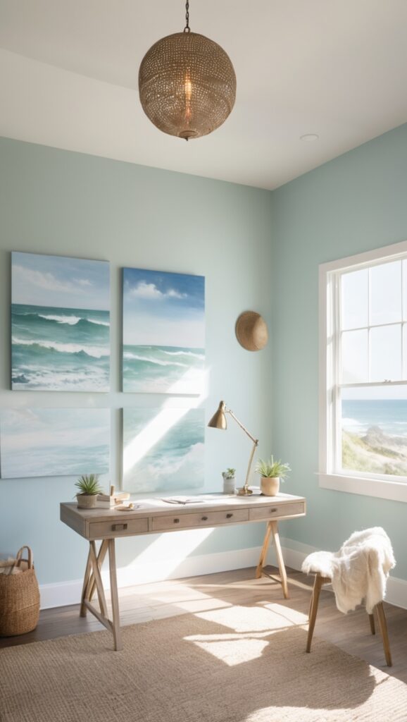 calming office paint colors, serene office decor, coastal office design, office wall color ideas, tranquil office makeover