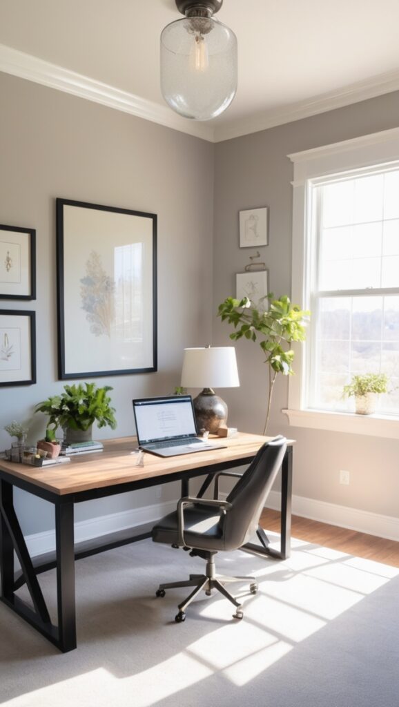 Revere Pewter paint, Benjamin Moore Revere Pewter, warm neutral paint, office decor, interior design ideas