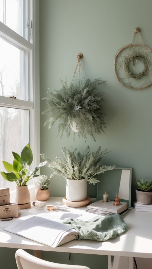 work from home decor, home office design, chic office space, calming office decor, green office aesthetic