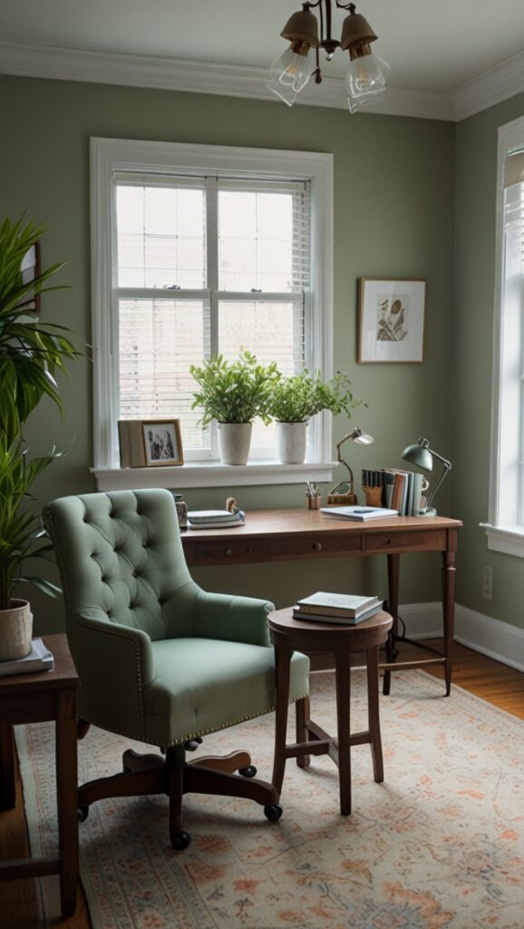 Decorating office with sage green, Sage green office decor, Sage green decorating ideas, Office decor in shades of green, Green office design.