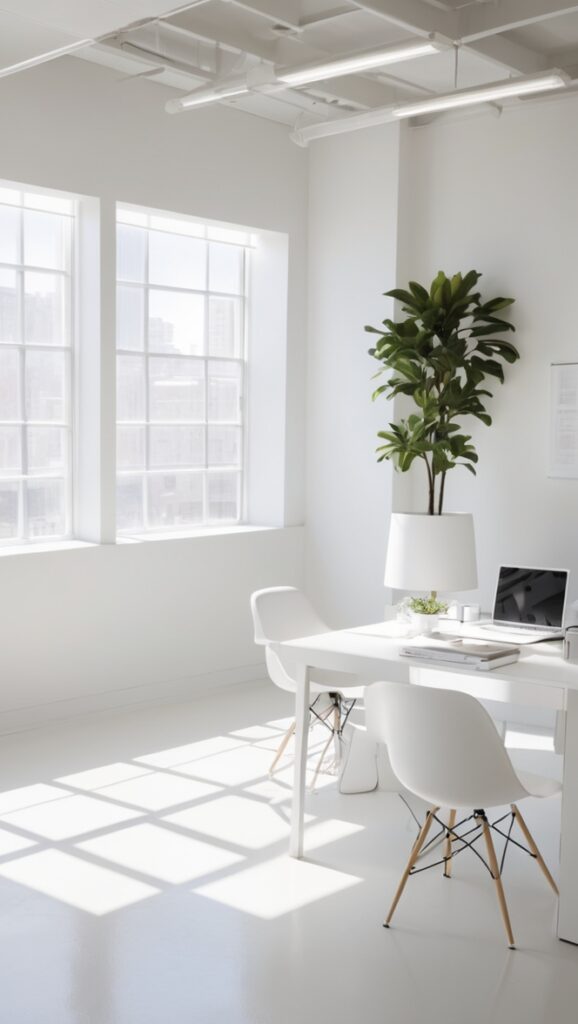 white office decor, modern office design, minimalistic office furniture, chic work space, clean office aesthetic