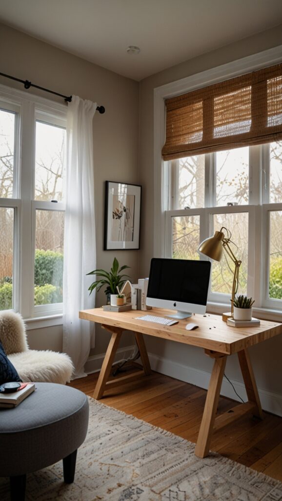 home office decor ideas, interior design tips, calming workspace design, tranquil home decor, serene office space