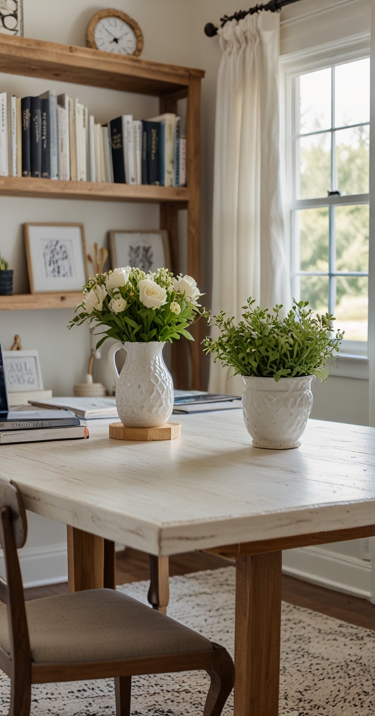 white farmhouse desk, white farmhouse chair, farmhouse-inspired lighting, white farmhouse shelves, farmhouse decor accessories