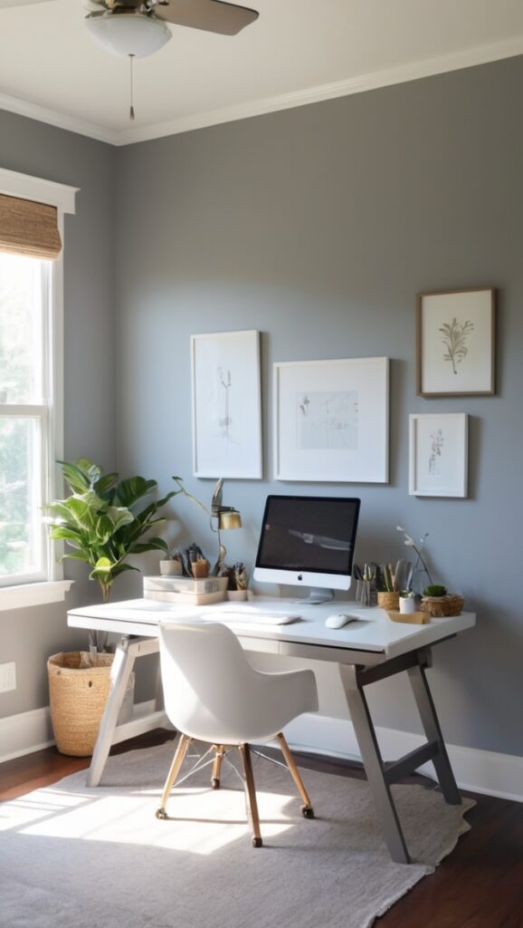 gray paint, neutral color scheme, home office decor, calming atmosphere, minimalist design